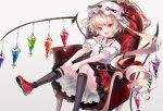 1girl :d ankle_strap armchair bare_shoulders belt black_choker black_legwear blonde_hair chair choker commentary cross-laced_clothes crystal drill_hair eyebrows_visible_through_hair fangs flandre_scarlet foot_out_of_frame grey_background hat head_tilt highres kneehighs lace-trimmed_skirt lace_trim long_hair looking_at_viewer mob_cap off_shoulder one_side_up open_mouth outstretched_arms petticoat red_eyes red_footwear red_skirt ribbon-trimmed_sleeves ribbon_trim rooseputo_02 shoes simple_background sitting skin_fangs skirt smile solo touhou very_long_hair wings 