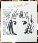  1girl bangs blunt_bangs border closed_mouth dated english_text face greyscale heart high_contrast highres looking_at_viewer marker_(medium) monochrome murata_range original photo_(medium) portrait shikishi signature smile solo speech_bubble spoken_heart spot_color thank_you traditional_media 