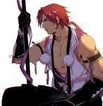  1boy bare_shoulders biceps japanese_clothes long_sideburns muscular pectoral_cleavage pectorals polearm ponytail redhead sideburns solo spear tattoo tonbokiri_(touken_ranbu) touken_ranbu weapon yari yellow_eyes yway1101 