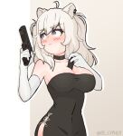  1girl alternate_costume ammunition animal_ears black_dress blue_eyes blush cypher_05 dress eyebrows eyebrows_visible_through_hair formal gun handgun highres hololive lion_ears lion_girl magazine_(weapon) pistol reloading shishiro_botan silver_hair twitter_username weapon white_background 