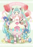  1girl :o albino alternate_costume animal_ears aqua_eyes aqua_hair argyle argyle_cutout banner basket blue_flower blush bodysuit bow carrying character_name clothing_cutout commentary_request covered_navel crotch_cutout curly_hair cutout_above_navel daisy detached_sleeves diamond_(shape) earrings easter easter_egg easter_miku egg egg_earrings ekita_kuro english_text eyebrows_visible_through_hair flower footwear_bow full_body grabbing grass hair_bow happy_easter hatsune_miku highres holding_ears jewelry leaf leg_up long_hair multicolored_eyes multicolored_hair mushroom navel_cutout open_mouth oversized_object pink_bodysuit pink_bow pink_flower puffy_pants rabbit rabbit_ears red_flower revision ribbon-trimmed_sleeves ribbon_trim shoes solo striped striped_bow tulip twintails unitard very_long_hair vocaloid white_flower white_footwear white_sleeves 