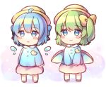  2girls blue_eyes blue_hair blush_stickers cirno closed_mouth daiyousei detached_wings eyebrows_visible_through_hair fairy fairy_wings full_body green_hair hair_between_eyes hat ice ice_wings kindergarten_uniform long_hair long_sleeves multiple_girls open_mouth pink_skirt pjrmhm_coa school_hat short_hair side_ponytail simple_background skirt smile touhou white_background wings yellow_headwear 