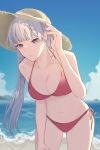  1girl bangs bare_arms bare_shoulders bikini black_clover blue_sky breasts clouds commentary cowboy_shot day grey_eyes hand_up hat highres large_breasts long_hair looking_at_viewer navel noelle_silva nyuu_(nu) outdoors red_bikini side-tie_bikini silver_hair sky solo standing stomach sun_hat swimsuit thighs 