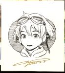  1girl absurdres bangs dated fur-trimmed_jacket fur_trim goggles goggles_on_head greyscale hair_between_eyes headphones highres jacket looking_at_viewer marker_(medium) monochrome murata_range open_mouth original outside_border photo_(medium) portrait shikishi short_hair signature smile solo traditional_media 