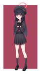  1girl absurdres beret black_hair blue_archive commentary_request dorymin full_body halo hat highres hime_cut justice_committee_club_member_(blue_archive) long_hair looking_at_viewer open_mouth red_background red_eyes school_uniform shoes simple_background solo 
