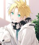  1boy bangs blonde_hair clothes_writing ear_piercing green_eyes highres hood hood_down hooded_jacket jacket jewelry long_sleeves looking_at_viewer male_focus open_clothes open_jacket original piercing pillow_(nutsfool) plant scarf solo spiky_hair upper_body white_jacket window_shade 