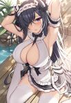  1girl alternate_costume apron arm_strap armpits arms_up august_von_parseval_(azur_lane) august_von_parseval_(the_conquered_unhulde)_(azur_lane) azur_lane bangs between_breasts black_hair blue_eyes blush breasts cleavage_cutout clothing_cutout commentary_request cross-laced_dress curled_horns enmaided hair_over_one_eye headdress horns indoors kneeling large_breasts long_hair looking_at_viewer maid mechanical_horns neck_ribbon no_shoes official_alternate_costume on_floor one_eye_covered parted_lips plant ribbon sitting sleeveless smile solo strap_between_breasts thigh-highs thighs underboob_cutout very_long_hair waist_apron wariza water white_apron white_garter_straps white_headwear white_legwear wooden_floor xe_(execut3r) 
