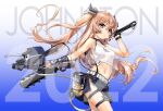  1girl black_skirt brown_eyes closed_mouth clothes_writing club_(weapon) cowboy_shot eyebrows_visible_through_hair fake_horns hair_between_eyes holding holding_weapon horns johnston_(kancolle) kantai_collection light_brown_hair long_hair machinery navel official_art oni_horns rigging skirt solo spiked_club tank_top turret two_side_up weapon white_tank_top zeco 