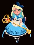  1girl alice_(alice_in_wonderland) alice_in_wonderland aqua_dress aqua_ribbon blonde_hair bow brown_background collared_dress commentary dress frilled_sleeves frills full_body gloves highres holding holding_key key long_hair looking_at_viewer magical_girl mz09 nose nostrils petticoat puffy_short_sleeves puffy_sleeves ribbon shoes short_sleeves simple_background smile solo standing striped striped_legwear white_gloves 