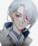  1boy bangs blue_eyes blush commentary_request cropped_shoulders genshin_impact grey_background hair_between_eyes haruno_ryo_1202 highres japanese_clothes kamisato_ayato light_blue_hair male_focus mole mole_under_mouth portrait simple_background sketch solo 