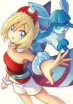  1girl amando_nut arm_wrap blonde_hair eyebrow_cut eyelashes forked_tail full_body glaceon highres irida_(pokemon) knees poke_ball poke_ball_(legends) pokemon pokemon_(creature) pokemon_(game) pokemon_legends:_arceus red_headwear red_shirt shirt short_hair shorts strapless strapless_shirt tail waist_cape white_shorts 