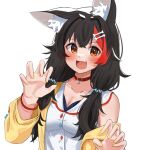  1girl :d animal_ear_fluff animal_ears bangs black_hair blush bone_hair_ornament breasts brown_eyes claw_pose commentary_request cosplay daichi_(daichi_catcat) eyebrows_visible_through_hair fang hair_ornament hair_over_shoulder highres hololive inugami_korone inugami_korone_(cosplay) jacket large_breasts long_hair looking_at_viewer multicolored_hair nail_polish ookami_mio open_clothes open_jacket redhead shirt skin_fang smile solo streaked_hair upper_body virtual_youtuber white_shirt wolf_ears yellow_jacket yellow_nails 