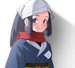  1girl akari_(pokemon) black_hair black_sash blush bright_pupils closed_mouth commentary_request grey_eyes grey_jacket head_scarf heydove highres jacket korean_commentary long_hair looking_to_the_side pokemon pokemon_(game) pokemon_legends:_arceus ponytail red_scarf sash scarf sidelocks smile solo upper_body white_headwear white_pupils 