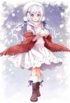  1girl artist_name brown_footwear dress hair_ornament holding kawanobe lace looking_at_viewer low_twintails original snow_bunny snowflakes snowing stole twintails violet_eyes wavy_hair white_dress white_hair x_hair_ornament 