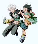  2boys absurdres bare_legs bird commentary_request eyebrows_visible_through_hair gon_freecss green_hair highres holding_hands hunter_x_hunter jumping k.g_(matsumoto_zo) killua_zoldyck looking_at_viewer multiple_boys navel pants shoes short_hair simple_background white_background white_hair 