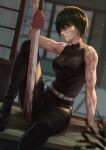  1girl absurdres angusbeef30 bare_arms bare_shoulders belt black_pants blood blood_on_weapon boots brown_eyes closed_mouth combat_boots dark_green_hair english_commentary highres holding holding_weapon jujutsu_kaisen one_eye_closed pants scar scar_across_eye scar_on_arm scar_on_face short_hair sitting sleeveless solo spoilers sword toned weapon zen&#039;in_maki 