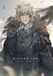  1boy animal_ears arknights black_cape black_gloves black_jacket blurry blurry_foreground cape closed_mouth commentary earrings falling_feathers fur-trimmed_cape fur_trim gloves grey_background highres jacket jewelry leopard_ears long_hair looking_at_viewer male_focus reaching_out silver_hair silverash_(arknights) single_earring smile solo tefco upper_body yellow_eyes 