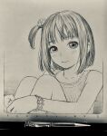  1girl bangs bare_arms bare_shoulders bead_bracelet beads bob_cut border bracelet closed_mouth english_text graphite_(medium) greyscale hair_ornament head_tilt highres hugging_own_legs jewelry knees_up looking_at_viewer mechanical_pencil medium_hair monochrome murata_range one_side_up original pencil photo_(medium) shikishi shirt sitting sleeveless sleeveless_shirt smile solo traditional_media 