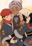  1girl 2boys absurdres akari_(pokemon) bangs black_hair black_undershirt blush bow bowtie dark-skinned_male dark_skin galaxy_expedition_team_survey_corps_uniform gnsn_tori grin hat head_scarf highres laventon_(pokemon) long_hair multiple_boys open_mouth pokemon pokemon_(game) pokemon_legends:_arceus pom_pom_(clothes) ponytail purple_headwear red_headwear red_scarf rei_(pokemon) scarf simple_background smile tears undershirt yellow_background 