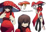  1girl bags_under_eyes bangs black_footwear boots brown_eyes brown_hair commentary creature_and_personification dress ehfhfh_3712 hair_over_eyes high_heel_boots high_heels highres holding holding_staff long_hair multiple_views mushroom mushroom_hat original personification red_dress short_sleeves simple_background smile staff thigh-highs thigh_boots white_background 