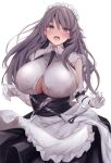  1girl apron azur_lane bangs blush breasts charybdis_(azur_lane) clothing_cutout commentary_request dress elbow_gloves gloves grey_eyes grey_hair highres huge_breasts long_hair looking_at_viewer maid_headdress sleeveless smile solo underboob_cutout white_background white_gloves yuuki_shuri 