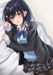  1girl :d bangs bed_sheet black_hair black_jacket blazer blue_bow blue_eyes blue_sweater blush bow braid butterfly_hair_ornament collared_shirt commentary_request diagonal-striped_bow dress_shirt eyebrows_visible_through_hair grey_skirt hair_between_eyes hair_ornament highres jacket komori_kuzuyu long_sleeves looking_at_viewer lying on_side open_clothes open_jacket original plaid plaid_skirt pleated_skirt rivier_(kuzuyu) shirt skirt sleeves_past_wrists smile solo sweater white_shirt 