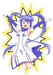  1girl :d armpits blue_eyes blue_footwear blue_hair boots breasts dress elbow_gloves gloves hands_up inside-chan_mk.ii inside-games_(media) ishii_hisao jumping long_hair looking_at_viewer medium_breasts smile solo twintails very_long_hair virtual_youtuber white_dress 