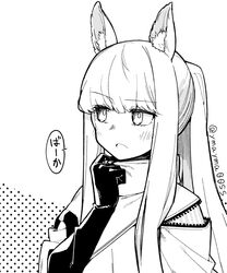  1girl adjusting_clothes animal_ear_fluff animal_ears arknights artist_name bangs blush elbow_gloves eyebrows_visible_through_hair gloves greyscale highres horse_ears long_hair looking_away looking_to_the_side monochrome open_mouth platinum_(arknights) ponytail sidelocks solo speech_bubble translation_request twitter_username unzipped upper_body white_background yom_(ymayma00ss) 