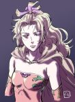  1girl bare_shoulders blonde_hair breasts cape closed_mouth detached_sleeves dress earrings expressionless final_fantasy final_fantasy_vi jewelry kurita_shin&#039;ichi long_hair looking_at_viewer ponytail ribbon simple_background solo tina_branford violet_eyes 