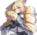  1girl :o animal_ears arknights bangs bare_shoulders black_footwear blonde_hair blue_hairband blush boots braid collar eyebrows_visible_through_hair fox_ears fox_girl fox_tail green_eyes hairband highres infection_monitor_(arknights) knee_boots looking_at_viewer multiple_tails na_tarapisu153 oripathy_lesion_(arknights) pantyhose parted_lips purple_skirt short_hair simple_background sitting skirt solo suzuran_(arknights) tail tail_hug wariza white_background white_legwear 