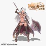  1girl abs armor axe bikini bikini_armor black_legwear boots breasts fingerless_gloves gloves highres holding holding_axe horns jewelry large_breasts limeblock long_hair looking_at_viewer navel official_art orange_eyes pendant silver_hair smile solo swimsuit the_symphony_of_dragon_and_girls thigh-highs very_long_hair warrior 