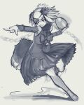  1girl arm_up armpits bare_shoulders bird_girl bird_tail bird_wings bow circlet detached_sleeves dress egg floating_hair full_body fur_collar hand_up head_wings highres holding holding_egg kemono_friends long_hair looking_afar medium_dress monochrome open_mouth ostrich_(kemono_friends) outstretched_arm pointing sandals shibori_kasu sketch smile solo tail wings 