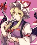  1girl blonde_hair bow commentary dress eyebrows_visible_through_hair eyes_visible_through_hair gap_(touhou) hair_bow hand_fan hand_up hat hat_ribbon holding holding_fan koito_(bowstringsmall) long_sleeves mob_cap pink_background red_bow red_ribbon ribbon short_hair short_hair_with_long_locks sidelocks simple_background smirk solo tabard touhou upper_body white_dress white_headwear white_sleeves yakumo_yukari yellow_eyes 
