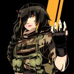  black_background braid braided_ponytail brown_hair commission cosplay crossover eyepatch fingerless_gloves girls_frontline gloves highres horns lips long_hair m16a1_(girls&#039;_frontline) metal_gear_(series) metal_gear_solid_v military military_uniform multicolored_hair ponytail scar scar_across_eye scar_on_face simple_background single_horn streaked_hair tactical_clothes uniform venom_snake venom_snake_(cosplay) warfakaid yellow_eyes 