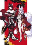  +70491014+ 1boy 1girl animal_ear_fluff animal_ears barefoot_sandals bell black_hair black_kimono blue_ribbon collared_shirt cosplay costume_switch crossed_arms earrings eyebrows_visible_through_hair eyeshadow fox_ears hair_behind_ear hair_over_one_eye highres holding holding_pipe jacket japanese_clothes jewelry kemonomimi_mode kimono kimono_on_shoulders lantern_earrings makeup medium_hair multiple_tails neck_bell neck_ribbon necklace nijisanji nijisanji_en nina_kosaka nina_kosaka_(cosplay) off_shoulder one_eye_covered oni_giri_(vox_akuma) pants pipe red_eyes red_eyeshadow red_kimono red_ribbon redhead ribbon shirt silver_hair single_earring smile tail virtual_youtuber vox_akuma vox_akuma_(cosplay) white_jacket white_pants 