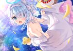 1girl arona_(blue_archive) back birthday birthday_cake blue_archive blue_eyes blue_hair blush flower halo holding looking_at_viewer looking_back scenery short_hair smile solo table water water_drop white_dress 