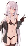  1girl :/ ass_visible_through_thighs bikini blush breasts brown_bikini brown_gloves brown_legwear closed_mouth cowboy_shot embarrassed front-tie_bikini front-tie_top gloves grey_hair grey_jacket hand_up highres horns jacket kamu_(geeenius) long_hair looking_at_viewer navel open_clothes open_jacket original pink_eyes simple_background small_breasts solo swimsuit thigh-highs thigh_gap v very_long_hair white_background 