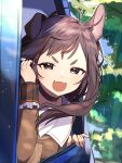  1girl animal_ears arisuke_gnsn brown_eyes brown_hair car commission commissioner_upload dog_ears dog_girl ground_vehicle hair_ornament highres inukai_purin long_hair military military_uniform motor_vehicle skeb_commission smile tsunderia uniform virtual_youtuber 