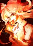  1girl bangs bow breasts brown_background buttons collared_shirt commentary_request covering_mouth don_(gsft3523) eyebrows_visible_through_hair fire fujiwara_no_mokou hair_between_eyes hair_bow hand_up highres juliet_sleeves long_hair long_sleeves looking_at_viewer medium_breasts multicolored_bow pink_bow pink_hair puffy_sleeves red_bow red_eyes shirt simple_background solo touhou upper_body white_hair white_shirt 