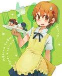  1boy 1girl apple_hair_ornament apron blood brown_eyes brown_hair commentary_request food-themed_hair_ornament fruit_hair_ornament glasses hair_ornament hairpin holding holding_tray inami_mahiru menu minawa photoshop_(medium) short_hair takanashi_souta tray waitress working!! 