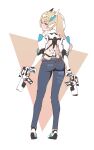  1girl alternate_hairstyle android blonde_hair blue_eyes blush denim doll_joints dual_wielding grin gun hairband headgear high_ponytail highres holding jeans joints long_hair pants patatatan phantasy_star phantasy_star_online_2 smile solo unfinished very_long_hair weapon 