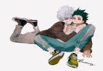  2boys absurdres couple gon_freecss green_hair hair_between_eyes highres holding_hands hunter_x_hunter implied_yaoi k.g_(matsumoto_zo) killua_zoldyck long_sleeves looking_at_viewer multiple_boys pants shoes short_hair sneakers socks white_background white_hair 