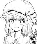  1girl bangs crystal fang fang_out flandre_scarlet greyscale hat highres looking_at_viewer medium_hair mob_cap monochrome one_side_up oninamako simple_background smile solo touhou upper_body white_background wings 