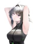  1girl arknights armpits arms_up bangs blue_eyes blush breasts closed_mouth commentary_request eyebrows_visible_through_hair hair_intakes highres kanaya604 la_pluma_(arknights) large_breasts looking_at_viewer medium_hair silver_hair simple_background sleeveless solo upper_body white_background 