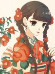  1girl beige_background black_hair braid camellia floral_print flower green_eyes hair_flower hair_ornament highres japanese_clothes kimono long_hair mole mole_under_mouth multicolored_nails original red_flower red_lips red_nails simple_background solo torimomu upper_body 