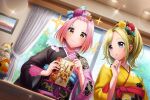  2girls blonde_hair blue_eyes d4dj inuyose_shinobu kimono pink_hair sasago_jennifer_yuka short_hair yellow_eyes 