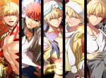  arabian_clothes bangs blonde_hair comiket_93 commentary_request earrings emiya_shirou eyebrows_visible_through_hair fate/grand_order fate/stay_night fate_(series) gilgamesh_(caster)_(fate) gilgamesh_(fate) hair_between_eyes jewelry looking_at_viewer male_focus multiple_boys natsuko_(bluecandy) open_mouth red_eyes redhead short_hair smile yellow_eyes 