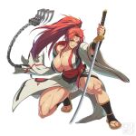  absurdres amputee baiken black_kimono breasts claw_(weapon) derivative_work facial_tattoo guilty_gear guilty_gear_strive guilty_gear_xx highres jamrolypoly japanese_clothes katana kimono large_breasts multicolored_clothes multicolored_kimono muscular muscular_female one-eyed pink_hair ponytail red_eyes samurai sandals sash scar scar_across_eye scar_on_face sword tattoo toes weapon white_kimono 