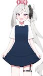  1girl :d billbung blue_archive blush dress flat_chest grey_hair halo highres long_hair looking_at_viewer mutsuki_(blue_archive) side_ponytail simple_background smile solo very_long_hair violet_eyes white_background 
