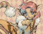  1girl :3 animal_ears argyle argyle_background bangs brown_background cat_girl closed_mouth dark_skin fur_trim light_smile merle_(tenkuu_no_escaflowne) ogasawara_tomy parted_bangs paw_pose pink_hair short_hair solo tail tenkuu_no_escaflowne violet_eyes 